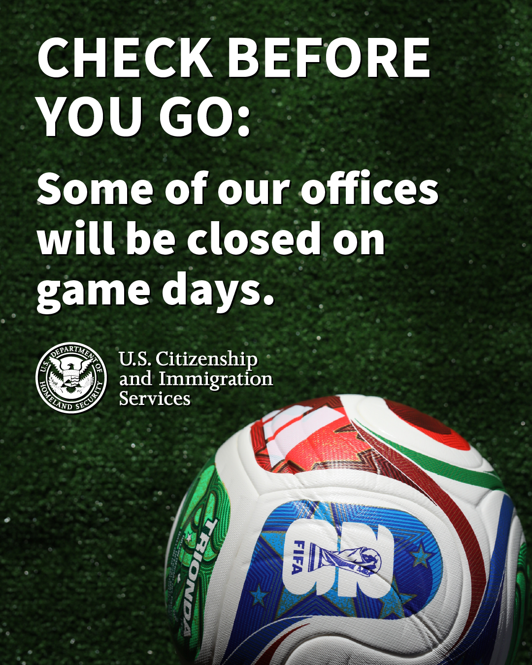 [USCIS · Threads] Is there a @fifaworldcup game in your area? Some of our offices will be closed t…